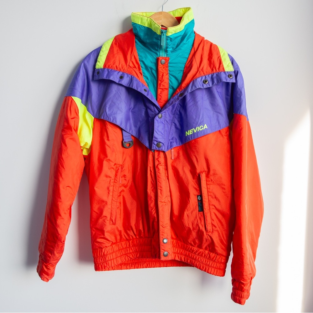 Vintage Nevica Neon Colorblock Ski Jacket Hooded Retro Snowboard Coat Size 40